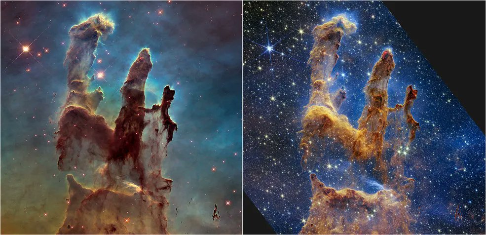 #PPOD Bonus: buff.ly/3SfwnZC @HubbleTelescope took the visible light image (left) of the Pillars of Creation in 2014. A new, near-infrared-light view from @NASAWebb (right) helps us peer through more of the dust in this star-forming region. 📷: @NASA @esa @csa_asc @stsci