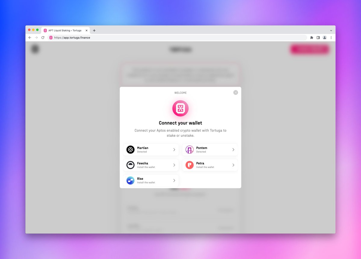4/ Connect wallet to Tortuga Finance Now that you have APT in your Aptos-supported wallet, navigate to the Tortuga Finance app: app.tortuga.finance Click Connect Wallet.