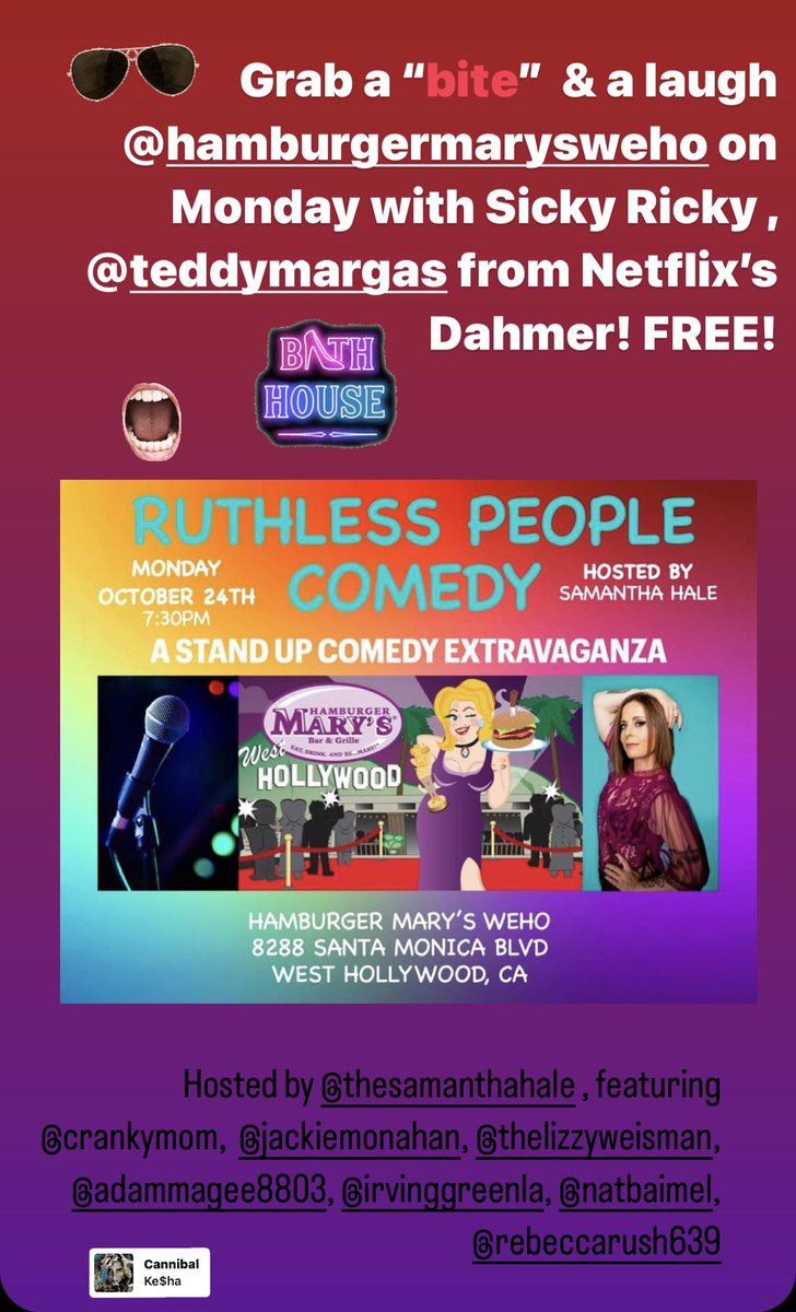 huthml's tweet photo. Come out for a bite & a laugh on Monday! #comedy #DahmerNetflix #StickyRicky https://t.co/bLuu3KEHQt
