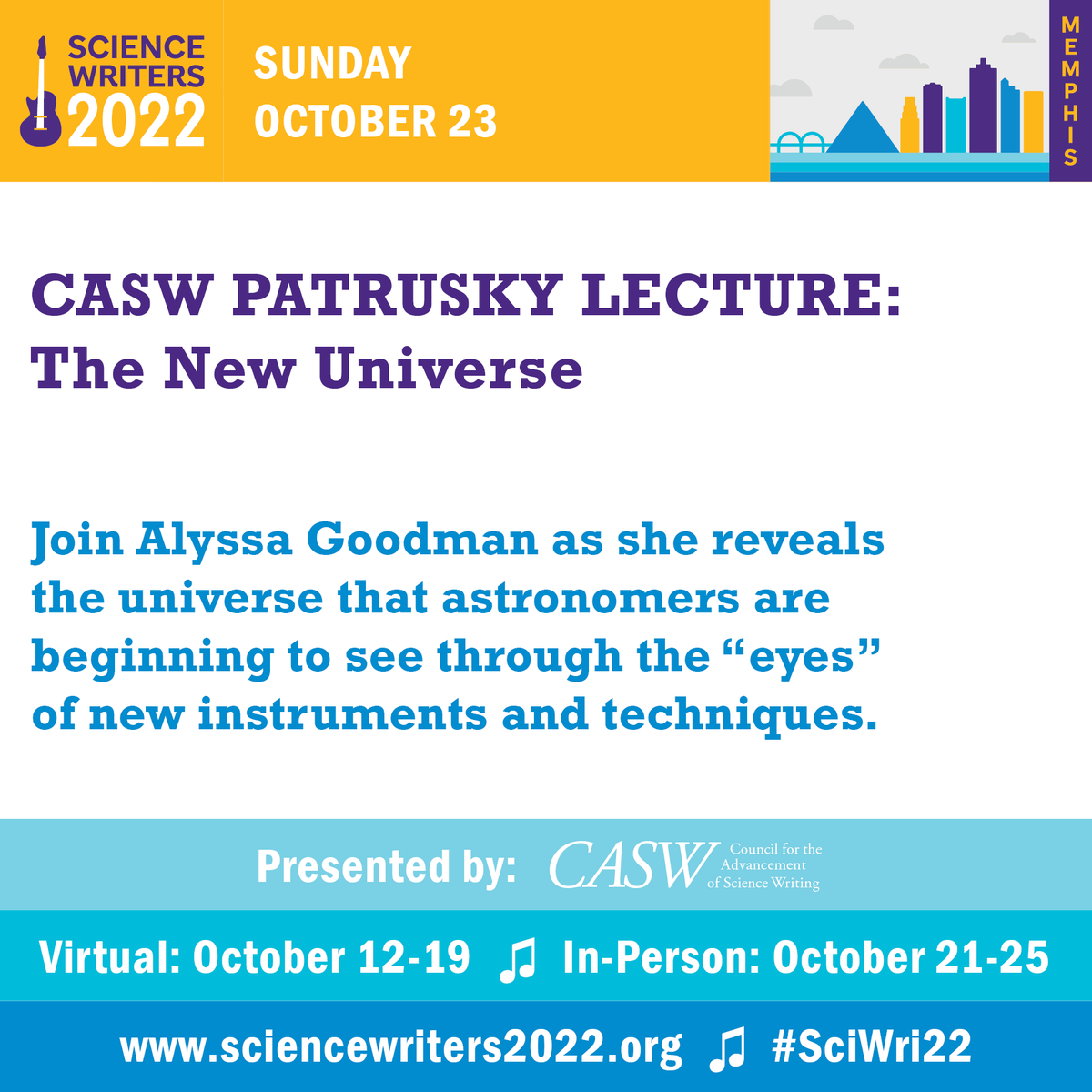 ScienceWriting's tweet image. @AlyssaAGoodman will take us on a visual odyssey of the #NewUniverse of discoveries in #astrophysics when she delivers the #PatruskyLecture at 8:45 AM CDT #SciWri22 #Memphis  #livestreamed

Session will be livestreamed