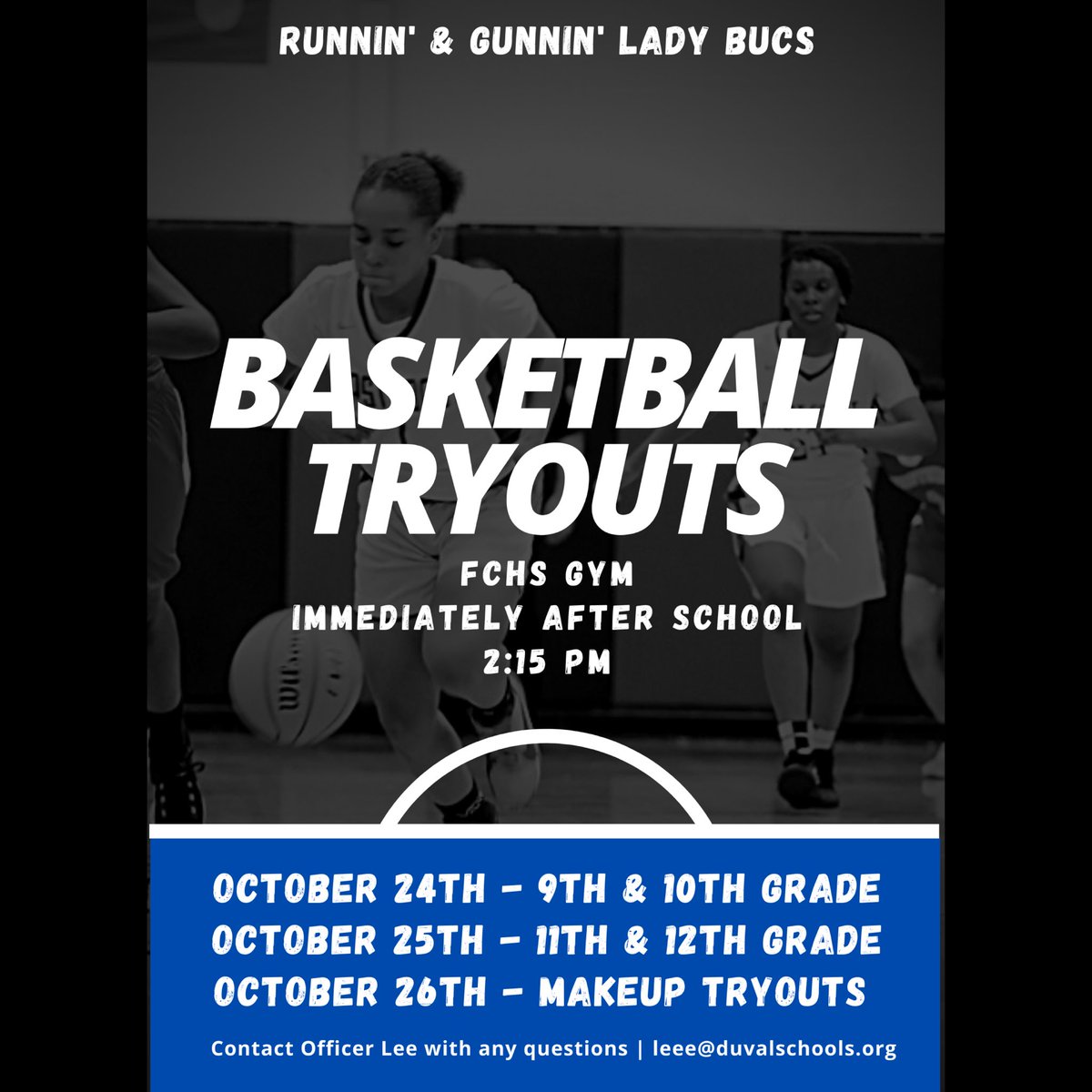 LADY BUCS BASKETBALL TRYOUTS🏀 The Runnin’ &amp; Gunnin’ Lady Bucs will be holding tryouts on October 24th for 9th and 10th grade, and October 25th for 11th and 12th grade. October 26th will be make up tryouts for any female athlete who was unable to attend the first two days.