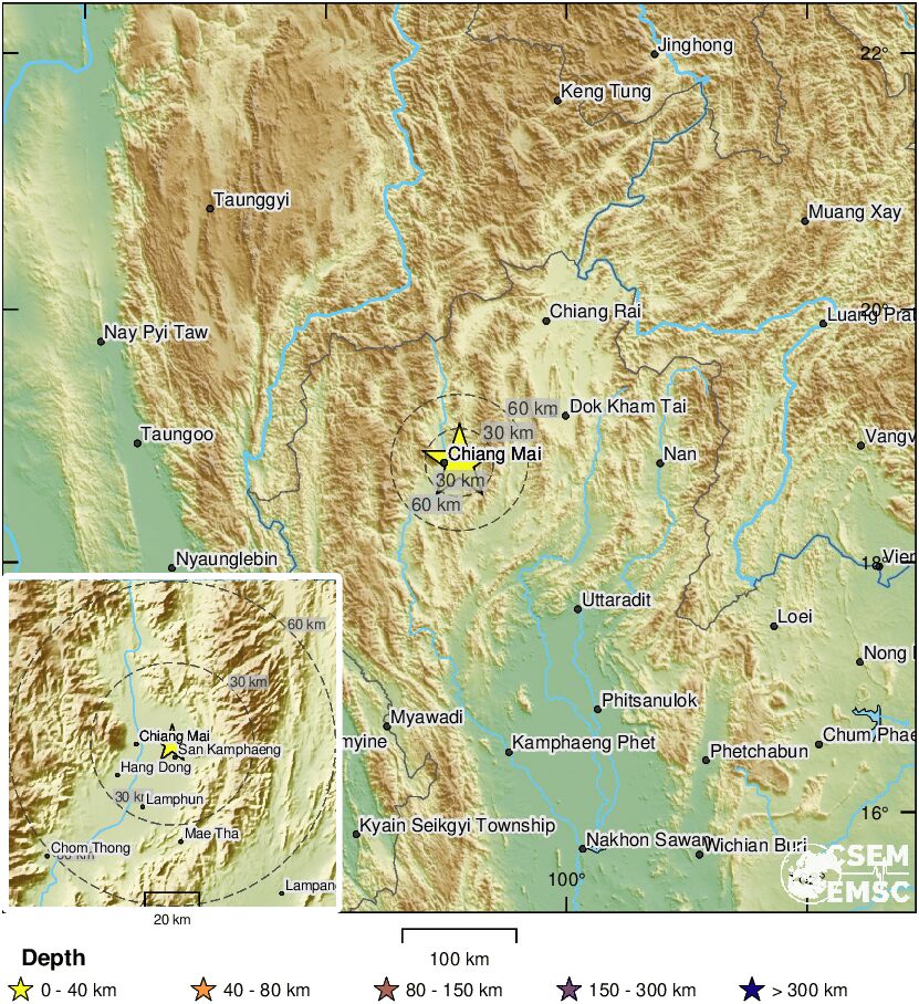 LastQuake's tweet photo. 🔔#Earthquake (#แผ่นดินไหว) M4.1 occurred 13 km E of Chiang Mai (#Thailand) 15 min ago (local time 04:36:34). More info at:
📱https://t.co/LBaVNedOuH
🌐https://t.co/XenPALJe9R
🖥https://t.co/IvYohVYOni https://t.co/8FNbEx5uCU