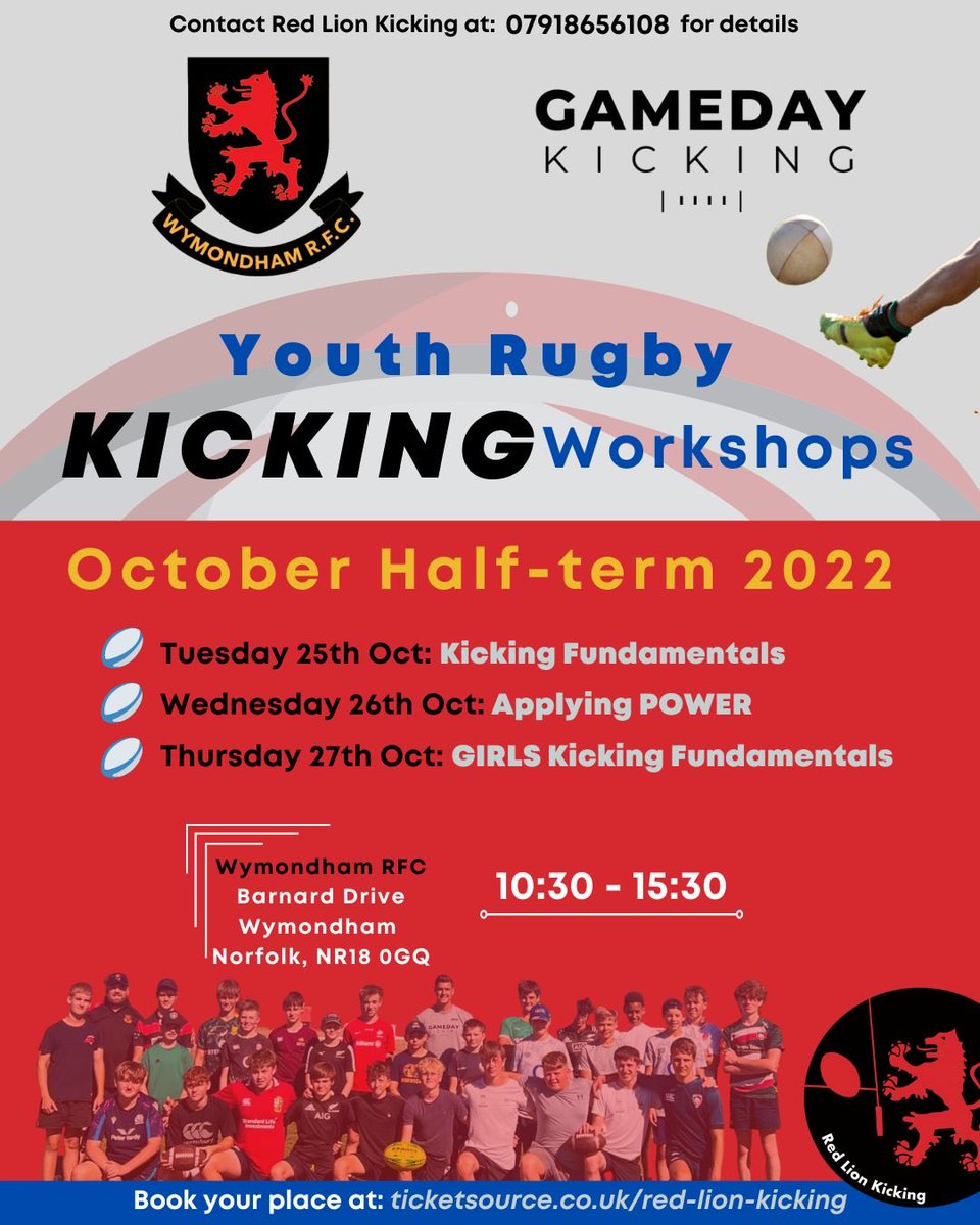 📅🏉 Our Tuesday 25th October kicking workshop ⁦⁦<a href="/wymondhamrugby/">Wymondham RFC</a>⁩ in collaboration with ⁦<a href="/GamedayKicking/">Gameday Kicking</a>⁩ is now sold out 🏈 Limited places are still available for Wednesday 26th (Boys) and Thursday 27th October (Girls) workshops. See ticketsource.co.uk/red-lion-kicki… 🏉🏈