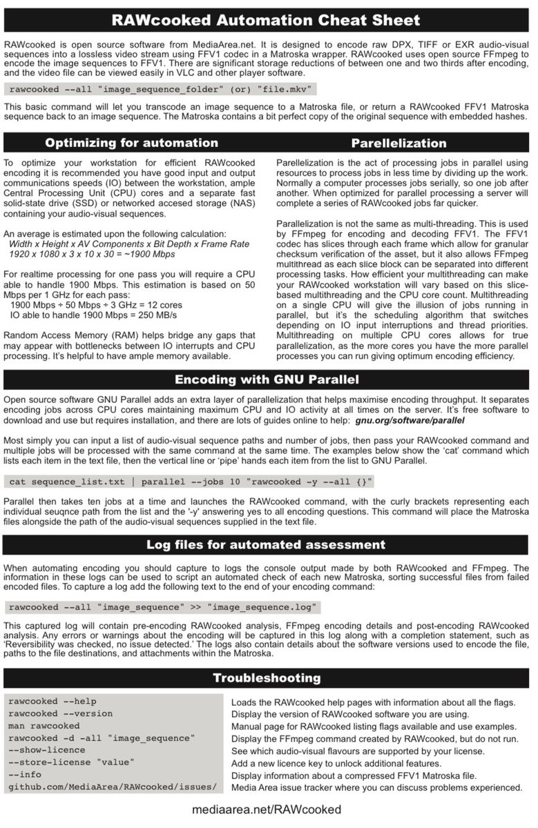 digitensions's tweet image. I’ve been thinking having a go at creating my first cheat sheet since presenting at the #RAWcooked AMIA technical workshop. Wanted to focus on optimising workstations/parallel usage to increase throughout. First draft done and welcome feedback! Let’s collaborate! @MediaArea_Net