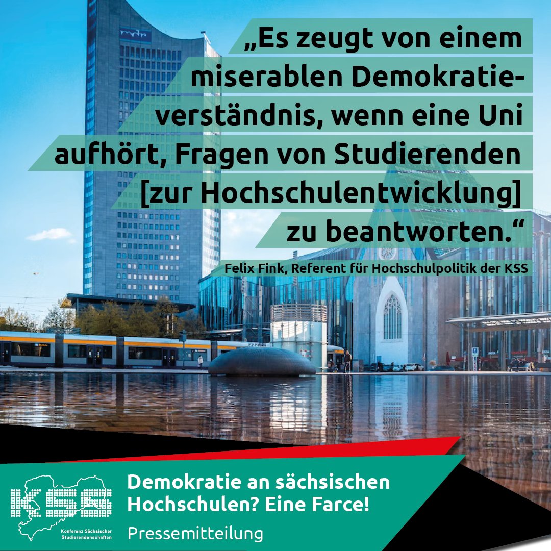 Konferenz Sächsischer Studierendenschaften (@kss_sn) on Twitter photo Gestern gab es an der <a href="/UniLeipzig/">UNIVERSITÄT LEIPZIG</a> durch Rektorin Obergfell einen demokratischen Dammbruch👆:
Anfragen der Studis (und Mittelbau) müssen zukünftig von Profs genehmigt werden. Nur dann muss Rektorat antworten 😳
Das geht gar nicht! 😡
Mehr in unserer PM: kss-sachsen.de/pm_27_22 Gestern gab es an der <a href="/UniLeipzig/">UNIVERSITÄT LEIPZIG</a> durch Rektorin Obergfell einen demokratischen Dammbruch👆:
Anfragen der Studis (und Mittelbau) müssen zukünftig von Profs genehmigt werden. Nur dann muss Rektorat antworten 😳
Das geht gar nicht! 😡
Mehr in unserer PM: kss-sachsen.de/pm_27_22