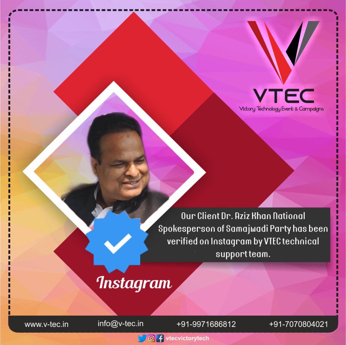 vtecvictorytech's tweet photo. Our Client @DrAzizSP has been verified on Instagram by VTEC technical support team… https://t.co/POiIPWofgO