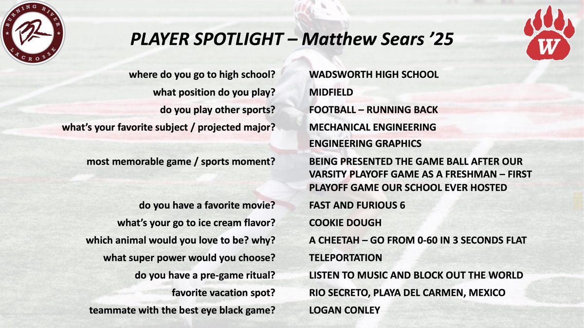 Kicking off our c/o '25 Player Spotlight Series with Matthew Sears @WadsworthHS Boy's Lacrosse! Matthew is a tough middie for the Grizzlies in the spring, and he can be found running the ball on the gridiron during the fall. Looking forward to a great sophomore season! #WeAreBR