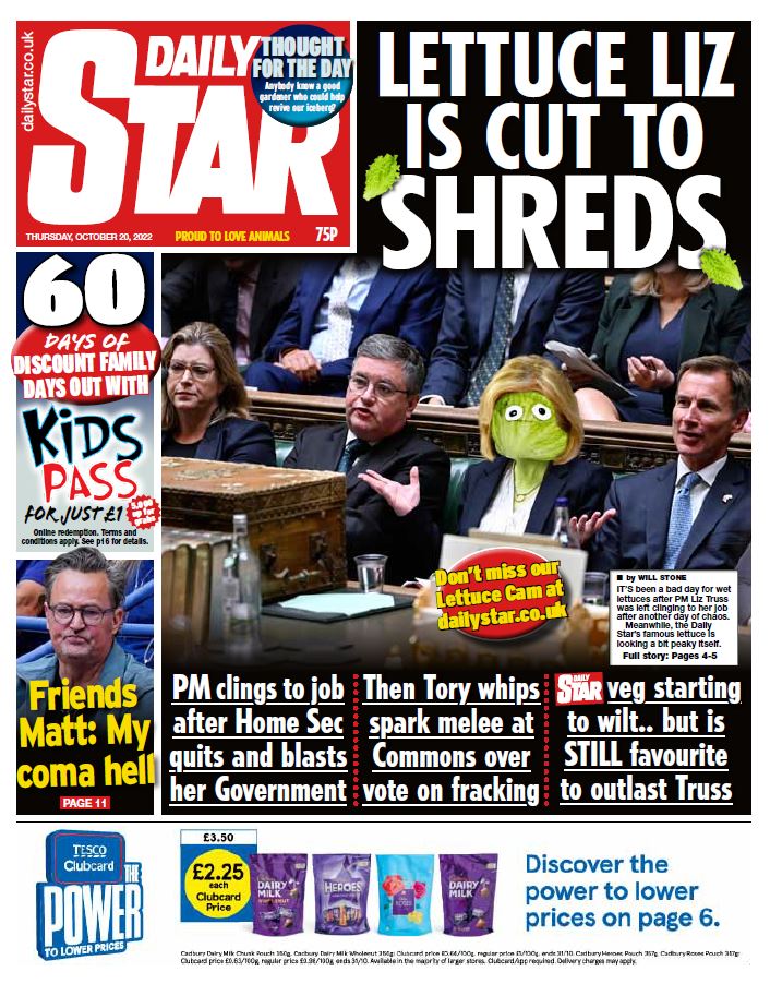 BBCNews's tweet photo. Thursday’s Star: “Lettuce Liz is cut to shreds” #BBCPapers #TomorrowsPapersToday https://t.co/7FuHszSswZ https://t.co/8ChnHhYDkM