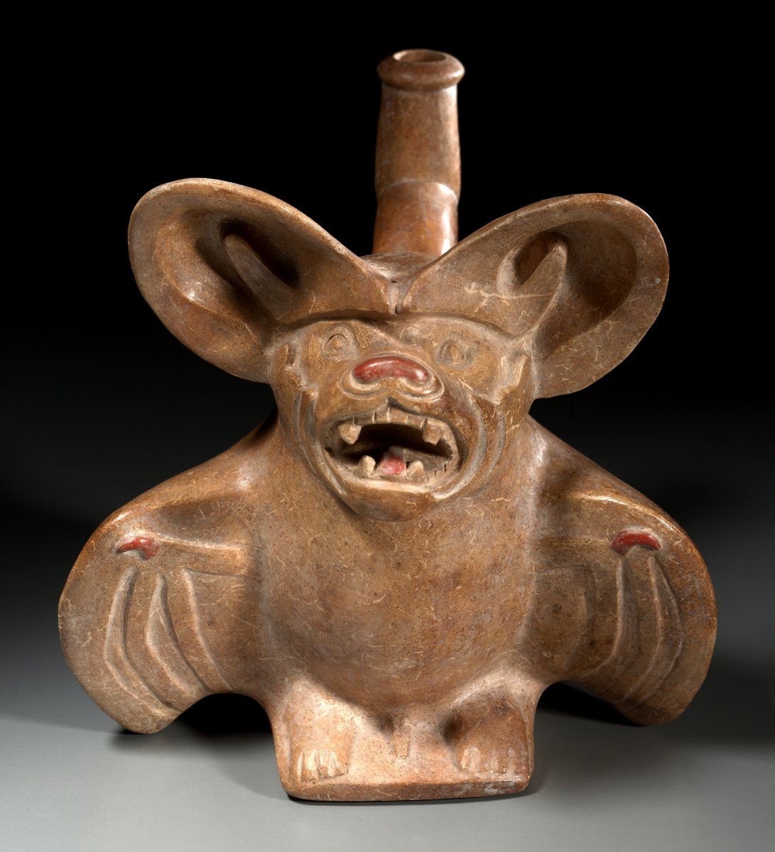 Big-Eared Brown Bat Vessel. c. AD 200–850. Culture & Geography: Central Andes, North Coast, Moche people, Early Intermediate period. Overall: 18.4 x 17.7 x 15.8 cm. Collection: Cleveland Art Museum, US.