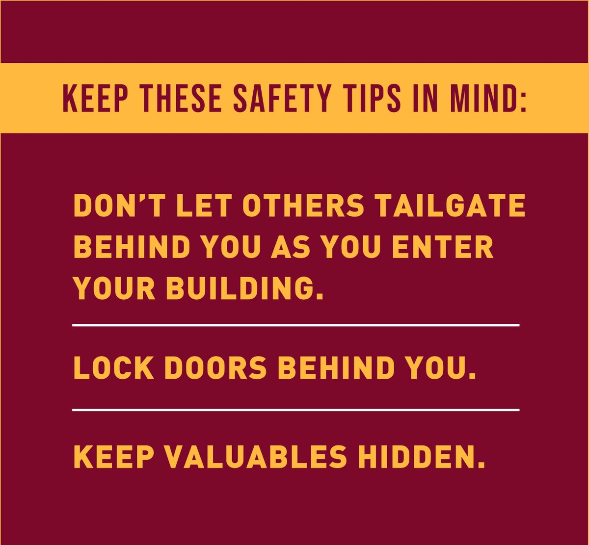UMN RecWell (@umnrecwell) on Twitter photo Stay safe, Gophers! Familiarize yourself with campus safety resources and keep these tips in mind. Stay safe, Gophers! Familiarize yourself with campus safety resources and keep these tips in mind.