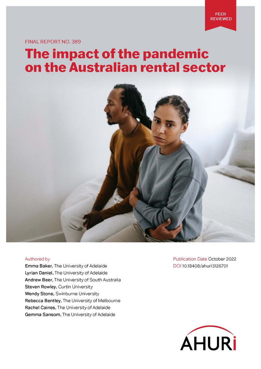 Our latest report, The impact of the pandemic on the Australian rental sector, was undertaken by researchers from @UniofAdelaide @UniversitySA @CurtinUni @Swinburne @UniMelb. Download the #AHURIResearch here → bit.ly/3TygKxo