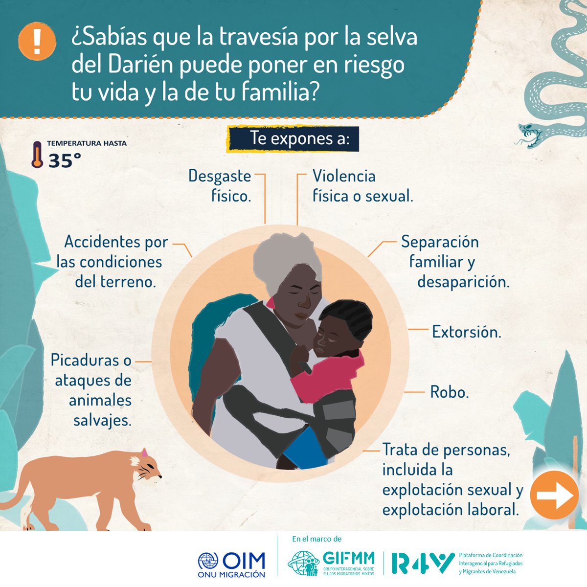 📣  La ruta por el Darién, tanto por mar como por selva, implica esfuerzo físico extremo y es importante saber nadar. 

Además se pueden presentar diversos riesgos en la ruta. Para recibir ayuda u orientación, descarga la app ‘GIFMM Contigo’ 👉 gifmm-contigo.com