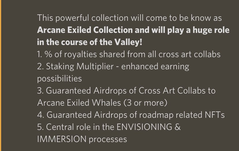 SoyelAR's tweet photo. Ok ok @ArcaneValleyNFT 👁

1️⃣ @trippinapes Art collab
2️⃣ @ABCHERODAO Art collab
3️⃣ 👁🔍
4️⃣ 👁🔍
5️⃣ 👁🔍

Staking live almost 4000/5555 🔥

The powerfull Arcanes Exiled and deflationary system announced “arcanOS-The sacrifice” ✊

More uses for $EYE TBA

You asked for builders? https://t.co/5nhzySmbTQ