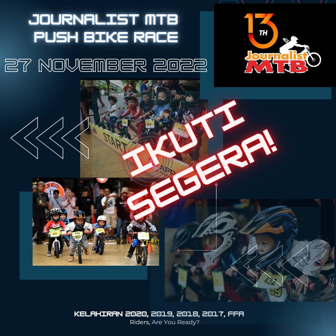 gilanggumilang's tweet photo. Saatnya si Kecil merajai track!
Ikuti, JournalistMTB Push Bike Race 2022.
Waktu : Minggu, 27 November 2022
Lokasi : ITC Permata Hijau
Kelahiran : 2020, 2019, 2018, 2017, dan FFA.
Pendaftaran akan segera kami buka. Quota terbatas.
Organized by Satset Pushbike EO.
#pushbikerace https://t.co/PQCCgGIrMs