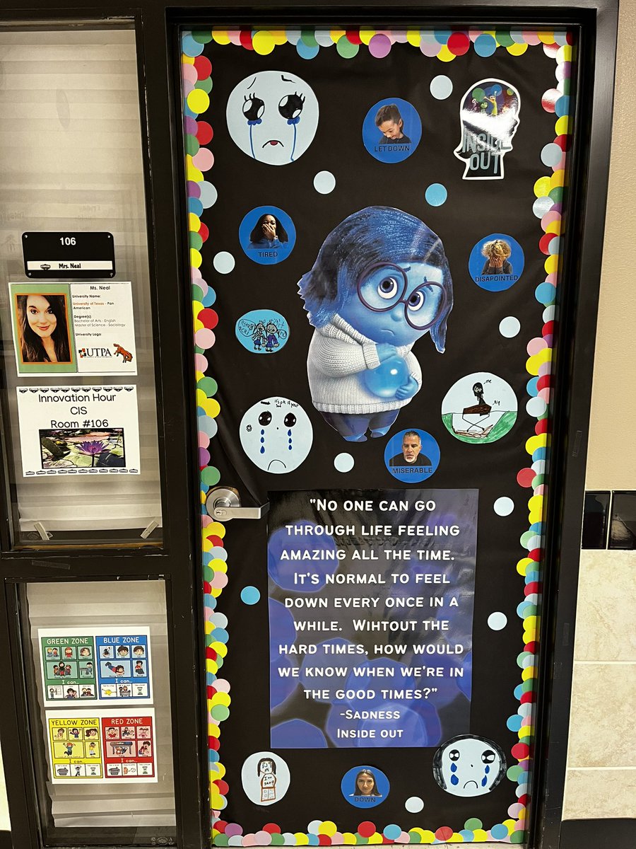 RodiekMorgane's tweet photo. Maybe I got a little carried away but growing emotional intelligence is the goal! Being able to tie this door decorating contest into Zones of Regulation &amp; including all those elaborate words &amp; beautiful faces 😍 #SchoolCounselor #Emotions #ZonesOfRegulation #InsideOut https://t.co/PPOB6IGoQf