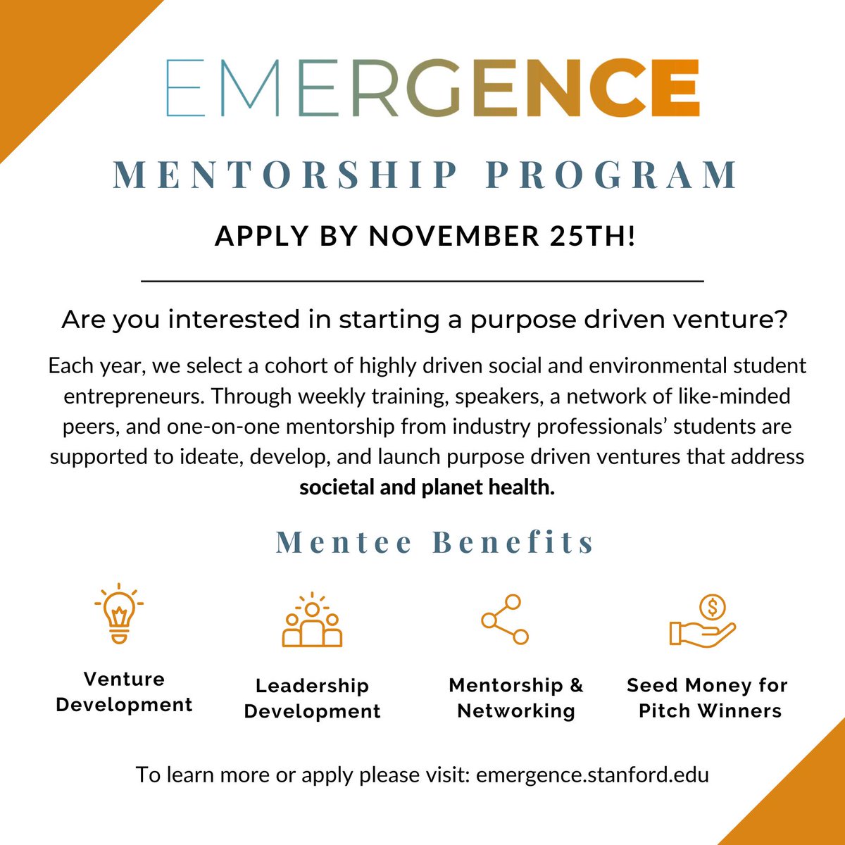 Our colleagues at Stanford Emergence (@stanfordemerge) are accepting applications for this fantastic student mentorship program through November 25. Learn more and apply 👇 emergence.stanford.edu/our-programs/m…