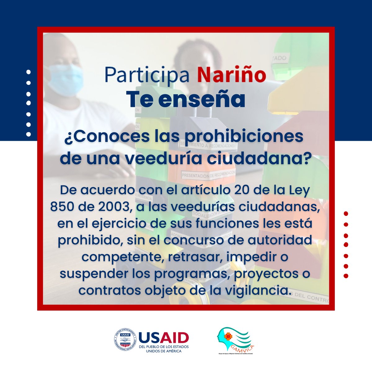 gamvica's tweet photo. #ParticipaNariño te enseña
☝️ Esto debes tener en cuenta a la hora de conformar una veeduría ciudadana en Colombia. Conoce aquí algunas prohibiciones
Participa Nariño es liderado por GAMVICA y cuenta con el apoyo del Programa Gobernabilidad Responsable de #USAID/Colombia
#Gamvica https://t.co/oaYNXd3V9E