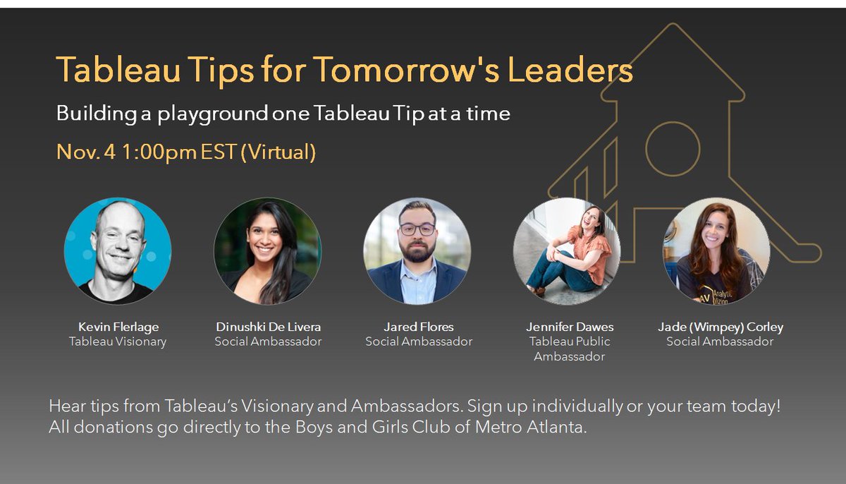 Thanks to those already registering for Tableau Tips for Tomorrow's Leaders on November 4th! If you want to help build a playground for Boys and Girls Club, and to learn from the best in data, sign up here. We're excited to have you!

Details are here:
analyticvizion.com/tableau-tips-p…