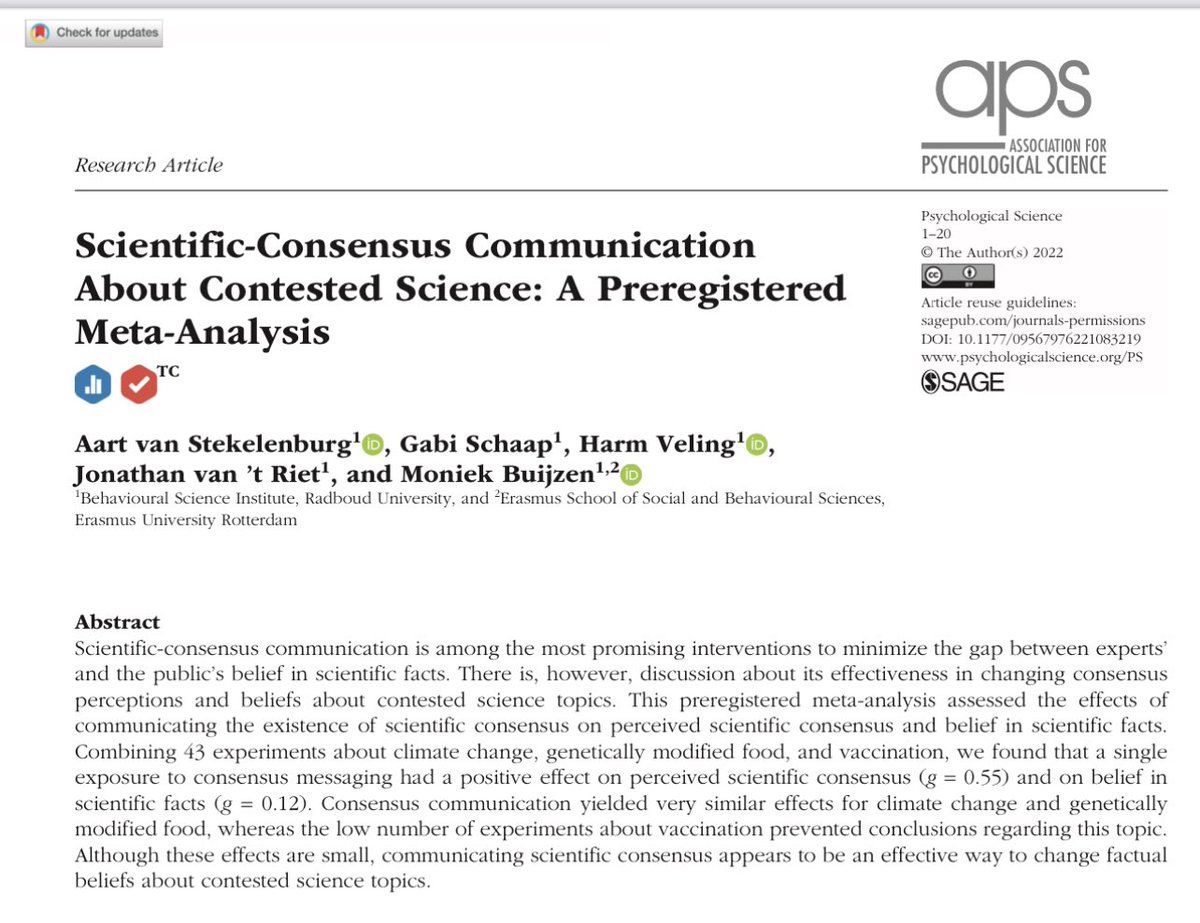 When someone doesn’t believe in climate change, or vaccinations, we often point to the “scientific consensus” as a way of persuading them. But is this helpful, or does it backfire?

It helps! Communicating about there being a consensus has positive effect. doi.org/10.1177/095679…