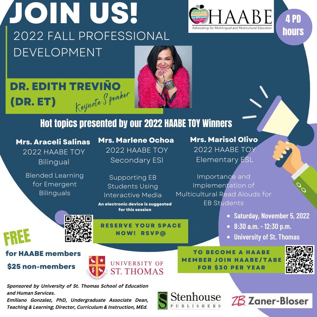 Hello HAABE Community! Please register for our Fall PD featuring Keynote speaker Dr. ET! You can use the qrcode of the flyer or you can visit our website haabe.org (see our bio ☝️) @TA4BE @stthomashouston @DrETontheBorder #houstonteachers
