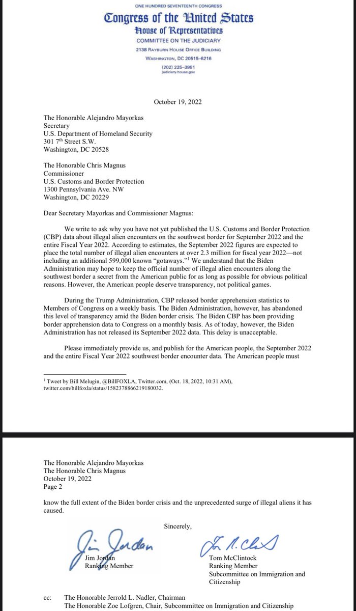 Scoop: Reps. Jim Jordan and Tom McClintock are demanding to know why Biden is holding up September border numbers in a letter to DHS Sec. Alejandro Mayorkas @DailyCaller: