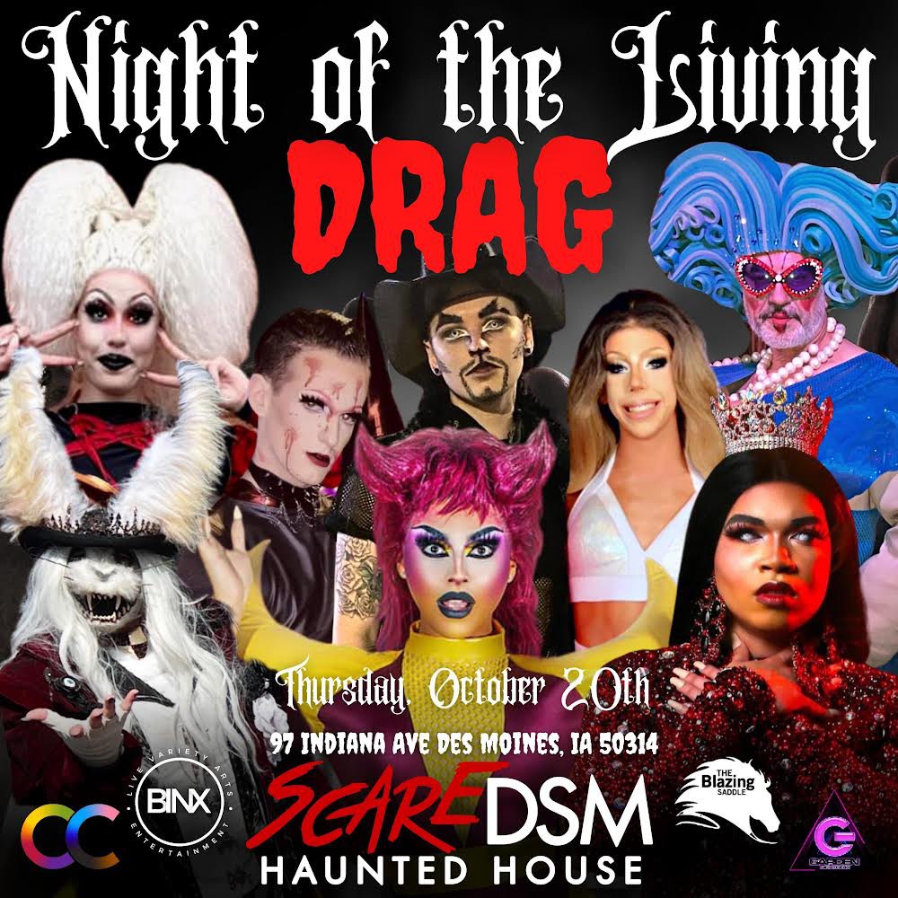 ScareDSM's tweet photo. TOMORROW - FEAR gets FABULOUS! 🧟‍♀️💅🧟‍♂️

ScareDSM’s annual fundraiser makes its return this October promising a night full of kings, queens, and SCREAMS!

Night of the Living DRAG
Thursday, October 20th starting at 7:30PM
97 Indiana Ave. Des Moines, IA 50314
https://t.co/n4CBpj6vxr https://t.co/x4MaIBsBcg