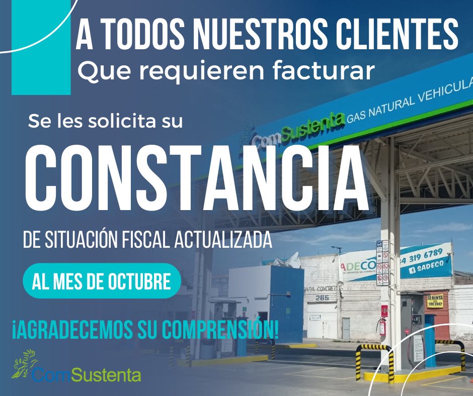 Recuerda que por cambios en el SAT, requeriremos su Constancia de situación fiscal actualizada para poder facturarles a futuro. Puedes mandárnosla por correo a facturación@comsustenta.com indicando tu placa/chip para mejor referencia. #Comsustenta te informa!