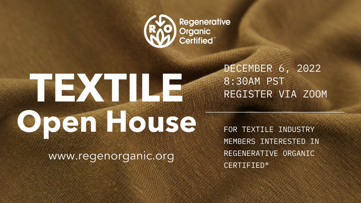 Last chance to register for the Regenerative Organic Certified® #Textile Open House with the ROA! Learn more about how this incredible certification can apply to your work in textiles. Regsiter now for tomorrow's event: us06web.zoom.us/meeting/regist…