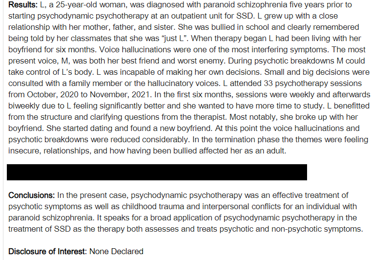 jnkjaer's tweet photo. Psykoterapi til patienter med skizofreni.
Jeg har sammen med Bent Rosenbaum lavet en kasuistik om et langvarigt psykodynamisk terapiforløb. Patienten havde svære psykotiske symptomer som stort set forsvandt i løbet af terapien.
Abstract sendt til EPA2023 #psykiatri #psykoterapi https://t.co/1zekz6s81L