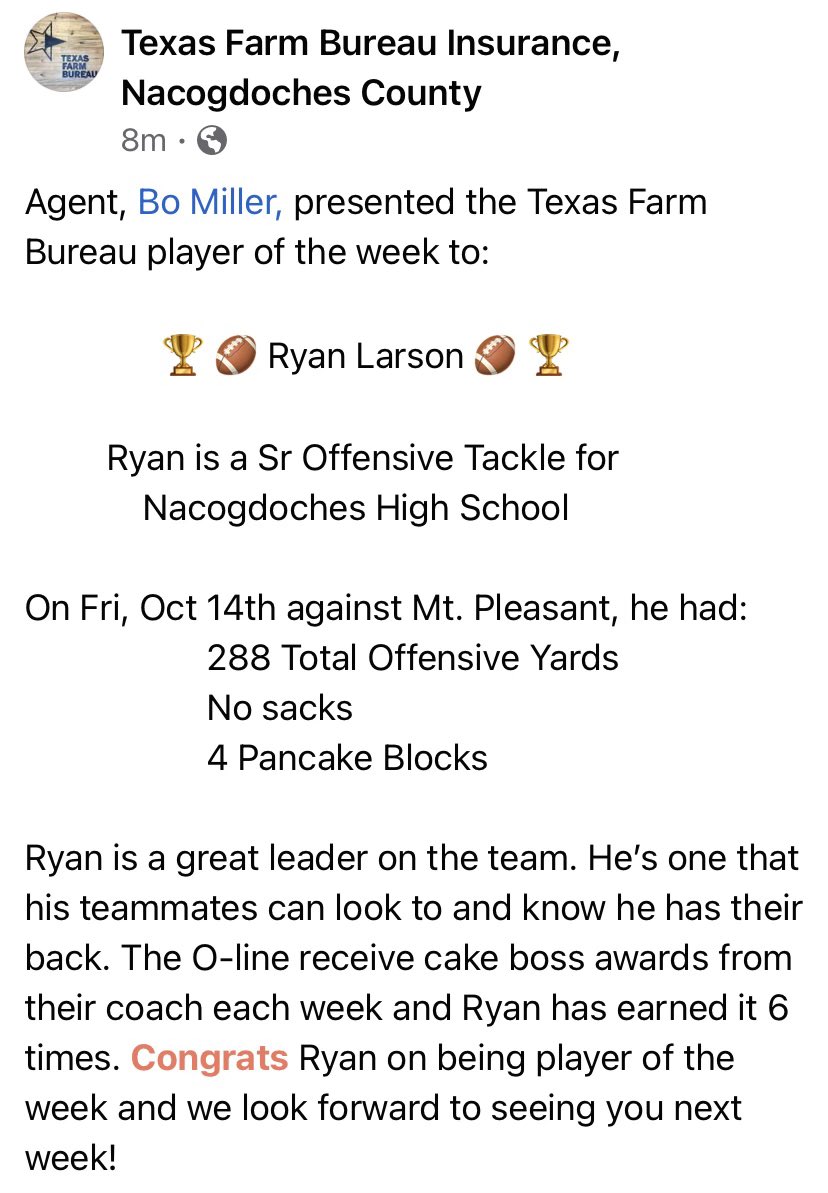 ryanlar40207239's tweet photo. Thank you to Texas farm bureau for naming me player of the week!!! https://t.co/z83nPHqjAG