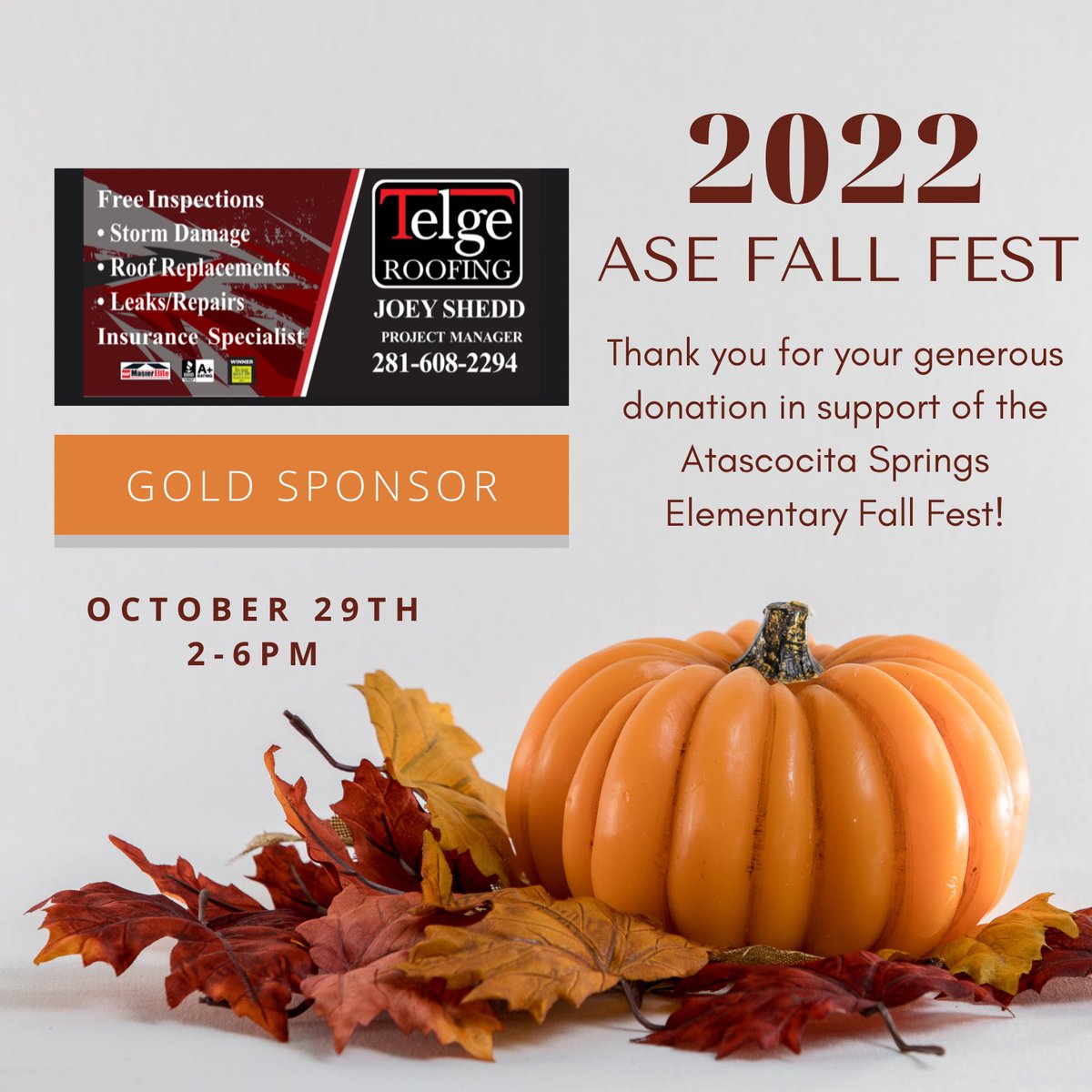 ASE_PTOHumble's tweet photo. Thank you so much to @telgeroofing for their generous donation in support of our #ASEFallFest22! Telge Roofing company is a local roofing company specializing in roof repair, replacement and prevention. Raise the roof with Telge Roofing and be sure to check them out!! 🙌🏻 #ASEPTO https://t.co/OrLQ42qdnN