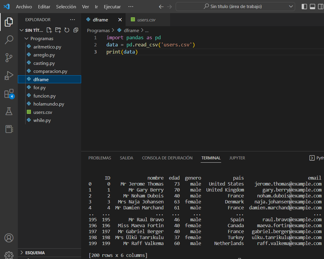 vicdatos's tweet photo. @eduardo_gpg ¡Lo acabo de hacer y problema resuelto!😁🙌

Puse ambos elementos (.csv  &amp;  .py) en la misma 📁, ejecuté vía VSC y funcionó.

Btw Edu, el archivo original (en github) NO tiene la columna "ID", según lo modifiqué pero me parece que debes aceptar el cambio.

Muchas thx 😋 https://t.co/ITZOHnu7C3