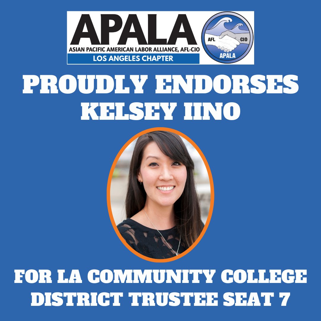 The APALA Los Angeles Chapter proudly endorses community activist and union leader Kelsey Iino for LA Community College District Trustee Seat 7! 

Monday, October 24th is the last day to register to vote! 

Elect #Kelsey4LACCDTrustee2022 on November 8th!