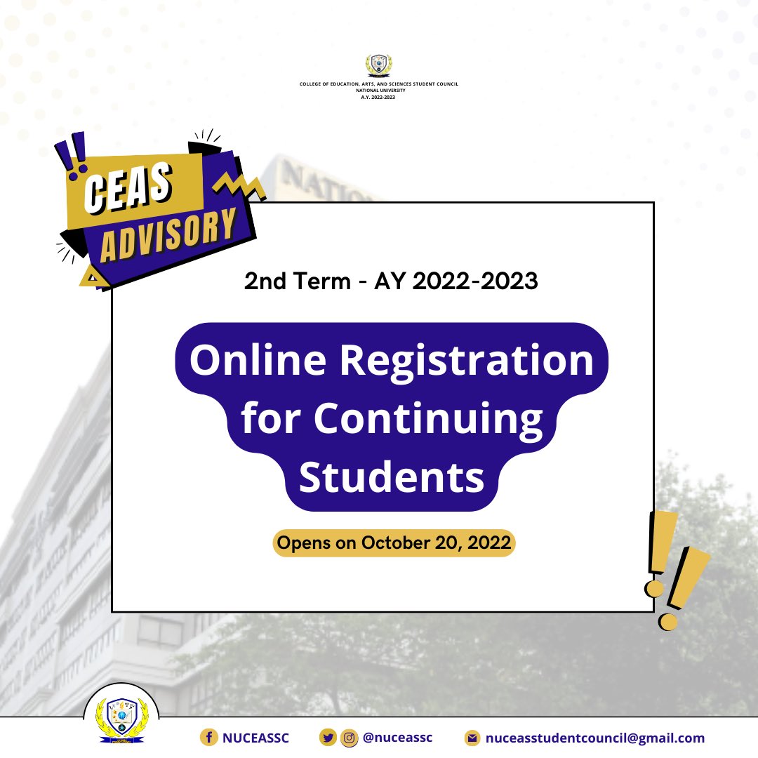 nuceassc's tweet photo. 📣 Heads Up, CEAS Students‼️
The Online Registration of Continuing Students for Term 2, AY 2022-2023 officially starts today, October 20, 2022.
Read More: https://t.co/GR0jEnWoll
#NUCEASSC
#BeEnthuCEAStic
#CEASelessService https://t.co/Uv6bn8E1PK