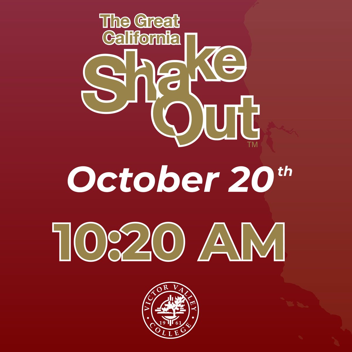 VVCASB's tweet photo. California Shakeout, Thur, Oct 20, 2022, 10:20 A.M.

VVC will participate in the annual California Great Shakeout. 

At exactly 10:20 a.m., an emergency notification message will be sent over building &amp; classroom mass notification messaging panels as well, the outdoor speakers. https://t.co/2j7F9hWJ8G