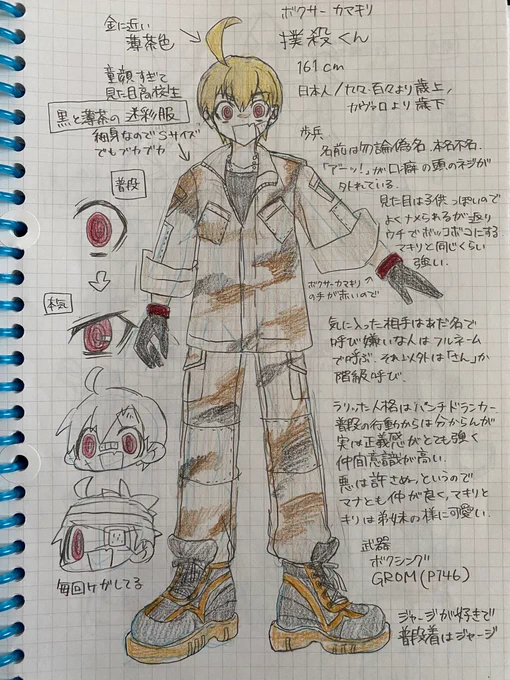 【創作】
創作キャラの設定が細かい、というお言葉をいただきとても嬉しかったので、今描いているキャラの中で特に細かく描いた設定絵をあげます(^^)う゛
正直デジタルで描き上げる気力がありません。 
