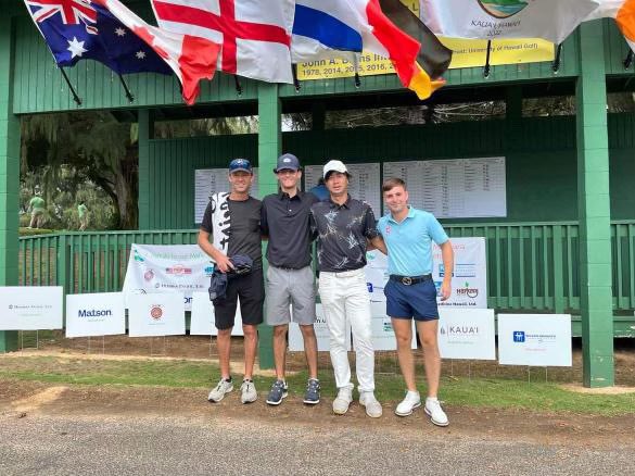 MattRobinsonPGA's tweet photo. Group pic from Day 2…it poured for 7 holes and we nearly dried out for the photo op.
Left to Right:

#Gazelle (Parts Unknown), Justin Hennigar (CDN), Yoshinori Iwasaki (JPN), Christopher Flynn (ENG)

Chris stole my look!! #shorttuck 

#GoYankees #WDGC https://t.co/6EOYSOS3ky