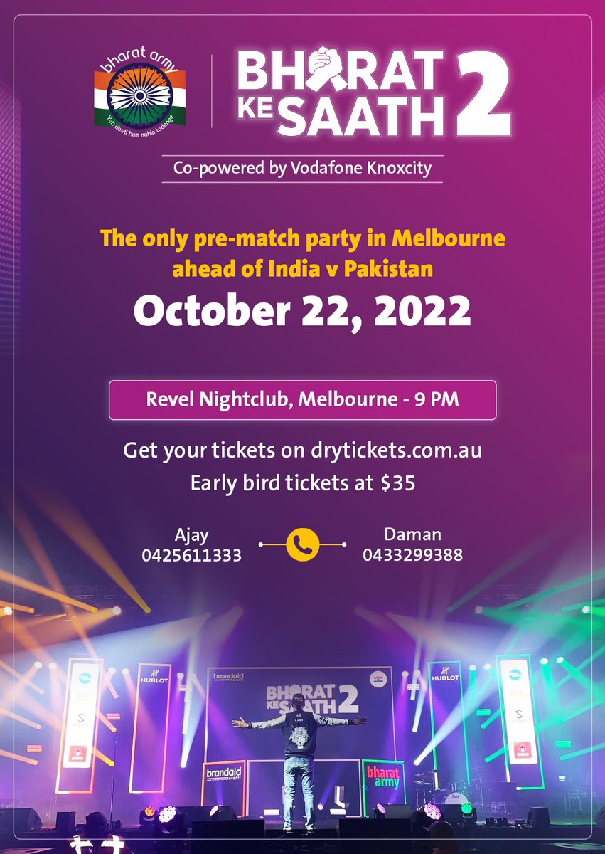 thebharatarmy's tweet photo. ๐ #BharatKeSaath2 | Tickets selling out fast as thousands of Indian Cricket Fans descend onto Aussie shores for the #GreatestRivalry #INDvPAK !
Join us on the eve of the match - book your tickets now: https://t.co/DJftuVKMBm
#BharatArmy #BKS2 #T20WorldCup #COTI ๐ฎ๐ณ https://t.co/yH9kA4Z1a3
