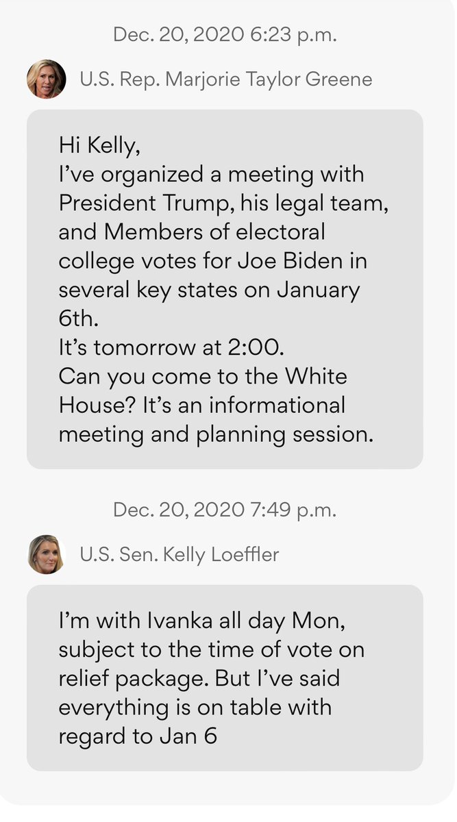 AmoneyResists's tweet photo. BREAKING: Former GA senator Kelly Loeffler’s cell phone records which were recently subpoenaed had some interesting texts from @RepMTG (among other GOP members of Congress) about “coordinating objections to electors” and planning “ahead of January 6th” https://t.co/tRB8Yf6e6u