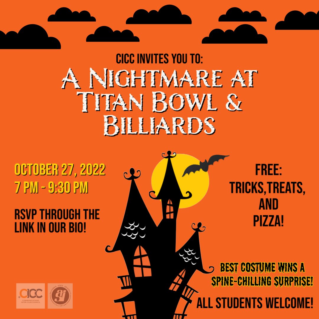 CSUFCICC's tweet image. Orange you excited for Halloween?🎃🎃🎃 

CICC is and we are inviting all CSUF students to A Nightmare at Titan Bowl &amp;amp; Billiards! Go to our instagram bio to RSVP for some free pizza!
