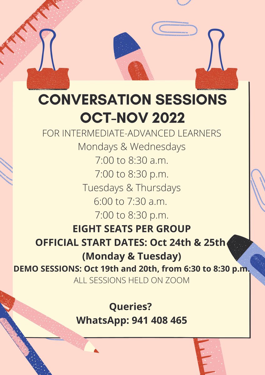 omnishambles92's tweet photo. #DEMOSESSIONS:mañana llevaré a cabo dos sesiones de cierre para los talleres de conversación en inglés (niveles intermedio y avanzado)
6:00-8:00 a.m.
6:30-8:30 p.m.
Si desean participar en alguna de las sesiones, pueden escribirme por WhatsApp al número que aparece en la imagen👇🏽 https://t.co/xiEiP7HLL8