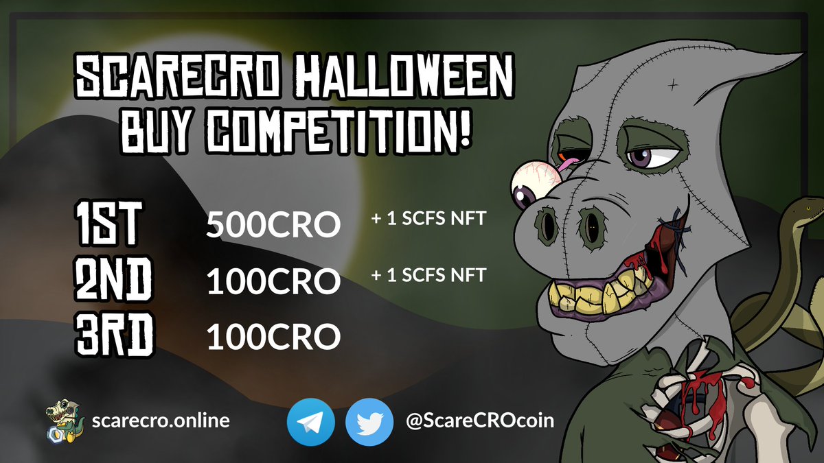 ScareCRO buy competition

simply purchase 100CRO or more of ScareCRO to go in the draw to win!

Bonus we will be reducing the buy tax for this event!

1st - 500 CRO and 1 SCFS NFT
2nd - 100 CRO and 1 SCFS NFT
3rd - 100 CRO

ENDS Nov 1st AT 0000H MST

#cro #crofam <a href="/cryptocom/">Crypto.com</a>