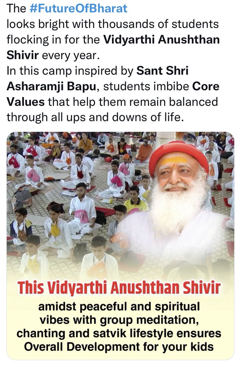 SharmaHamdam's tweet photo. Vidyarthi Anushthan Shivir consists of enjoyable activities such as inspiring stories from Vedic literature, Yoga, Pranayama, Guided Meditation, Shlokas, Keertans, Bhajans, Festivals, Games, Cultural Arts and many more. Sant Shri Asharamji Bapu 
Core Values
#FutureOfBharat https://t.co/Ka44S6Dh36