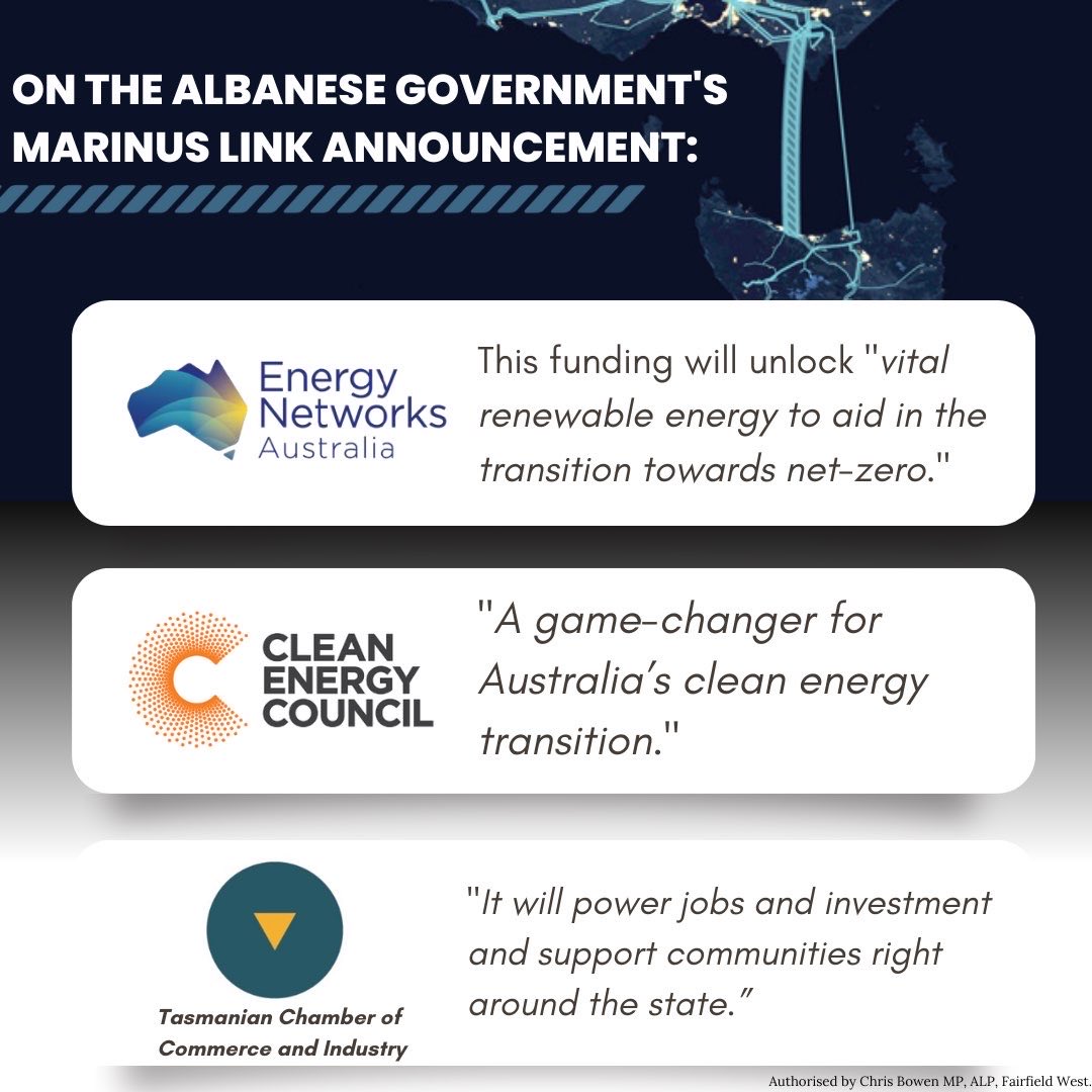 The Albanese Government’s big investment in Marinus Link means: more jobs for Tasmania and Victoria, cleaner energy for the mainland and fewer emissions for Australia.