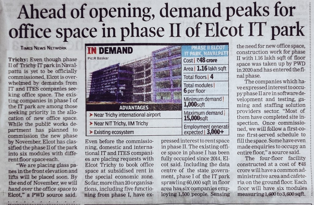 dkarthikTOI's tweet photo. Phase II of #Trichy Elcot IT Park is not opened, yet demand peaks. According to Elcot, more than 20 companies including 5 IT/ITES companies functioning from Phase I have expressed interest to book space &amp; completed site inspections.
@timesofindia @Manothangaraj @neerajmittalias https://t.co/0DnGzCYQFK
