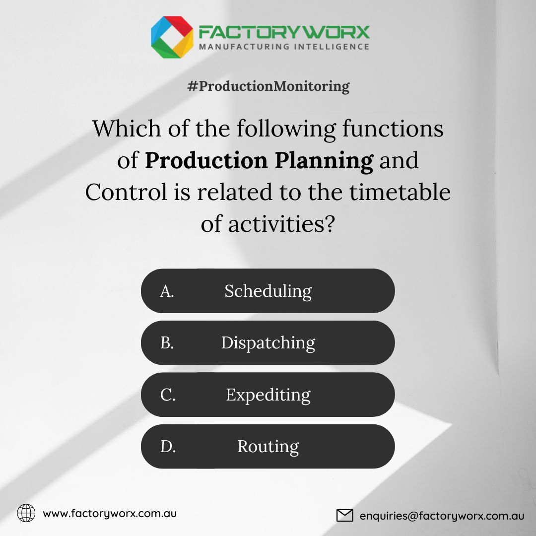 factory_worx's tweet image. Do you know the answer? Comment your answer below. 

Which of the following functions of #ProductionPlanning &amp;amp; Control is related to the timetable of activities?

#FactoryWorx #factoryproduction #productionplanning #productionmonitoring #productiondashboard #productionmanagement
