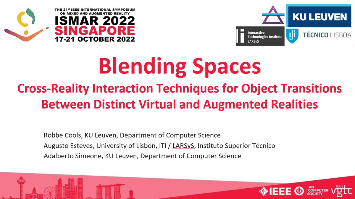 ARIA (@arialeuven) on Twitter photo <a href="/RobbeCools95/">Robbe Cools</a> just presented our paper "Blending Spaces: Cross-Reality Interaction Techniques for Object Transitions Between Distinct Virtual and Augmented Realities" at #ISMAR2022 Many thanks to @Adal_LS and Augusto Esteves
Watch the presentation here: youtu.be/U8d4vPXwQMg <a href="/RobbeCools95/">Robbe Cools</a> just presented our paper "Blending Spaces: Cross-Reality Interaction Techniques for Object Transitions Between Distinct Virtual and Augmented Realities" at #ISMAR2022 Many thanks to @Adal_LS and Augusto Esteves
Watch the presentation here: youtu.be/U8d4vPXwQMg