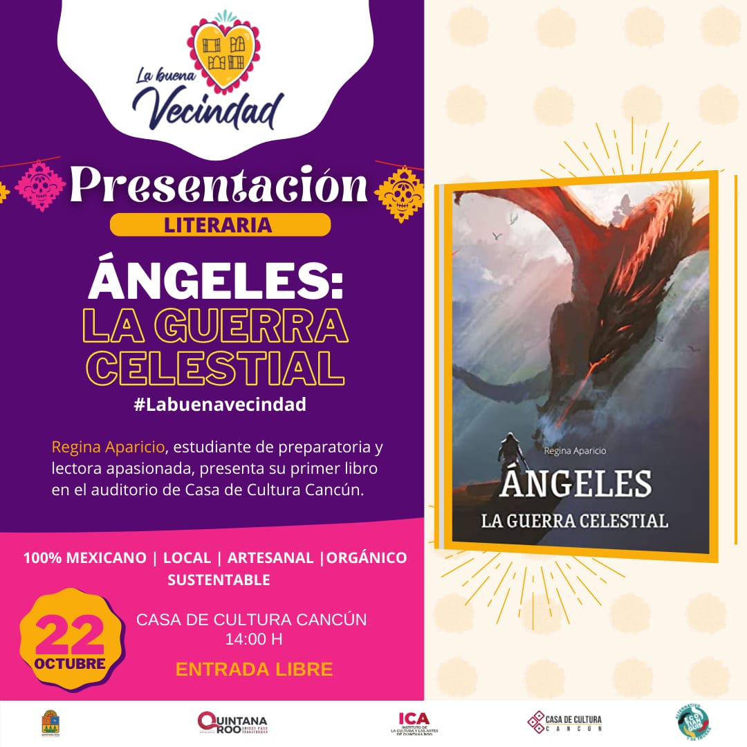 cuartadeforros's tweet photo. Dentro de #labuenavecindad de la Casa de Cultura Cancún, presentaremos el libro de la autora #ReginaAparicio que tiene sólo 17 años. Una novela fantástica relata cómo los jóvenes sin importar las guerras, los problemas, viajes involuntarios, buscan encontrar su lugar en el mundo. https://t.co/MG1QOJ8900
