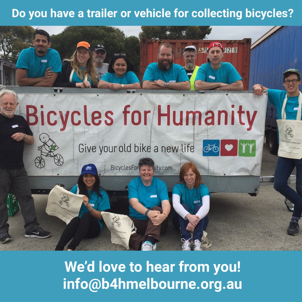 b4hmelbourne's tweet photo. Would you like to help B4H Melbourne make a difference to people's lives both here and in West Africa? 
We are seeking volunteers who own vehicle suited to collecting bikes in various areas around Melbourne.
If you're interested, please let us know at info@b4hmelbourne.org.au https://t.co/ckFiL3UbU7