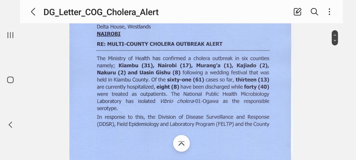 alimaalim's tweet photo. Cholera is now spreading in the country like bushfire. Traced to have started at a  festival in Kiambu, it's already in 6 Counties. As directed by Dir General Health, All health teams and county leadership be alert - it can be ugly if response is untimely. https://t.co/Q2kbajHJSg